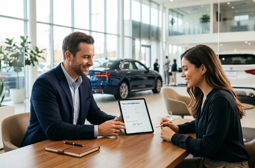 DriveWise lending specialist reviewing a car loan application with a client in a bright modern office